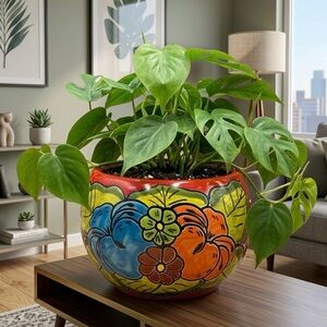 Talavera Planter Hand Painted Mexican Pottery, Large Round Ceramic Flower Pot